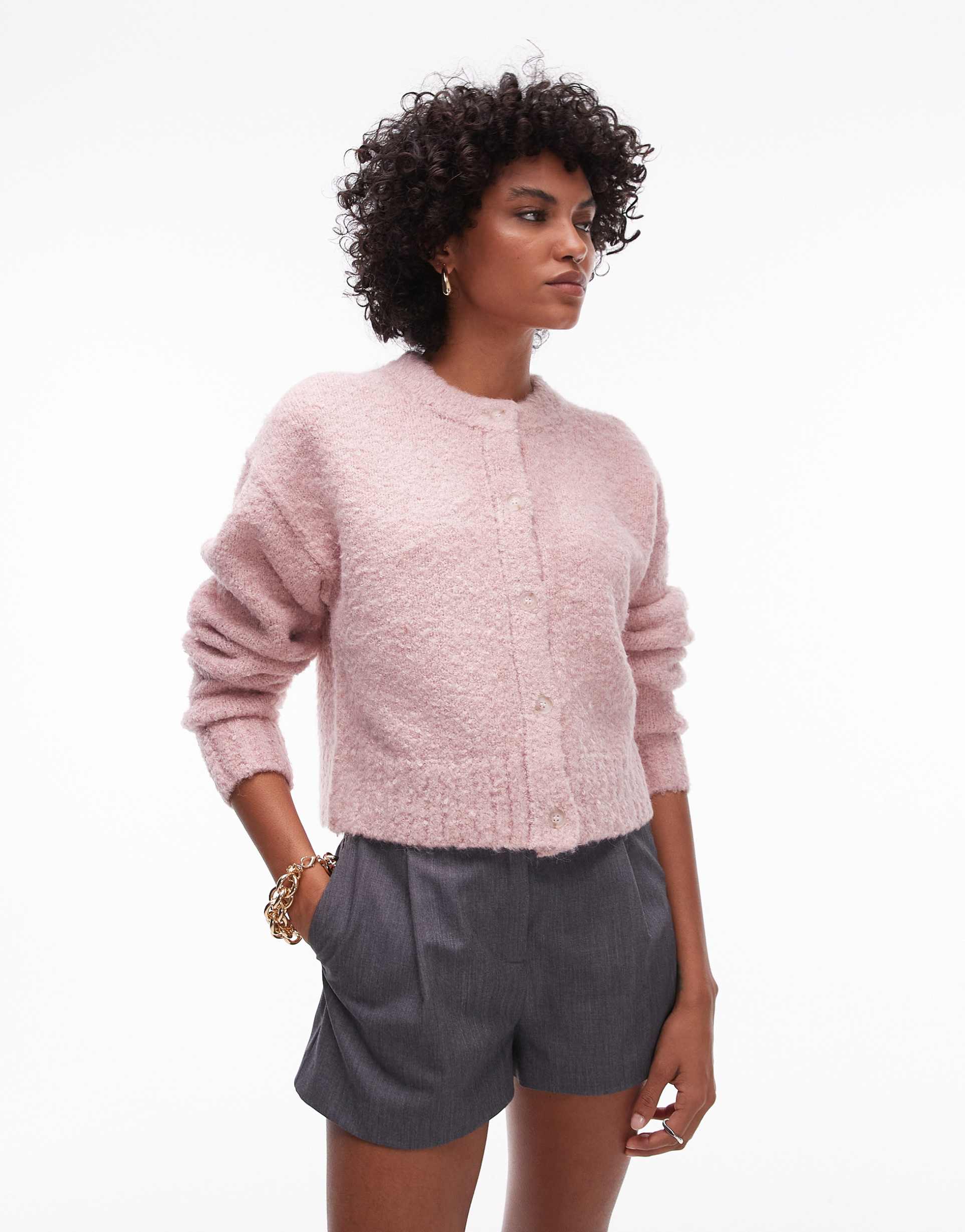 topshop knit crew neck boucle cardigan in pink