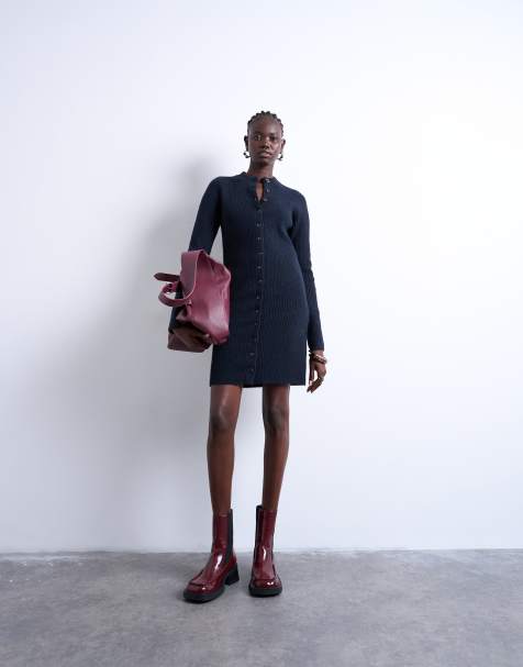 Topshop knit crew neck button up mini dress in navy - view 1