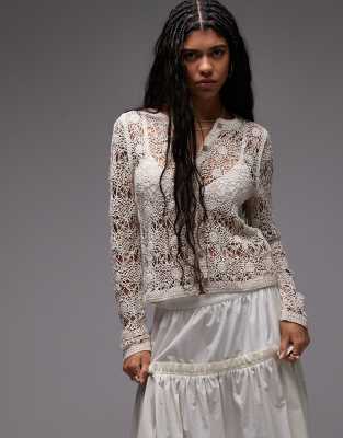 Topshop Knit Crew Neck Flower Crochet Cardigan In Neutral