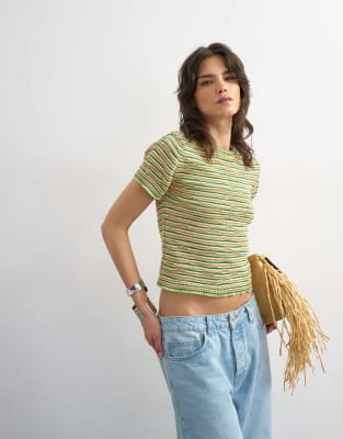 Topshop Knit Crew Neck Striped Short Sleeve Top In Multi