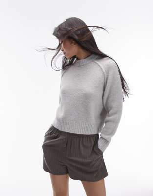 Topshop Knit Crew With Raglan And Exposed Seam Sweater In Light Gray