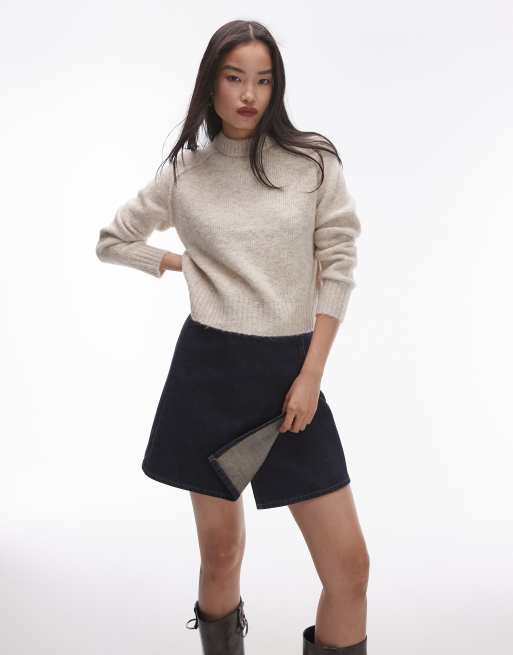 Topshop knit crew with raglan and exposed seam sweater in oat