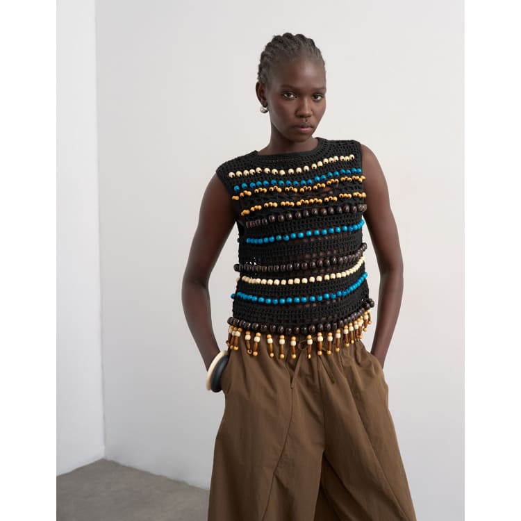 Topshop knit crochet beaded tank top in black | ASOS