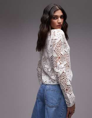 Topshop Knit Crochet Flower Tie Cardigan In Black