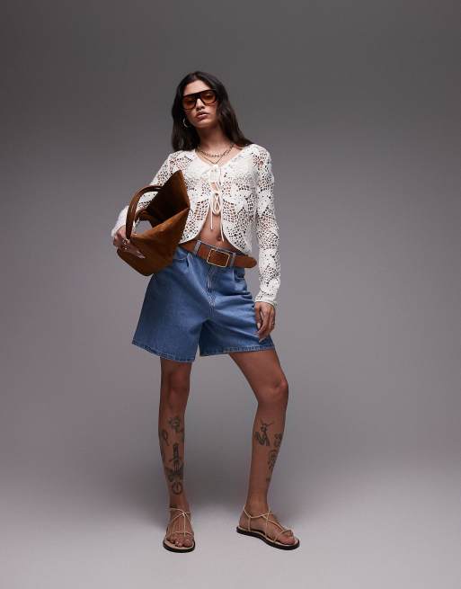Topshop knit crochet flower tie cardigan in ivory | ASOS