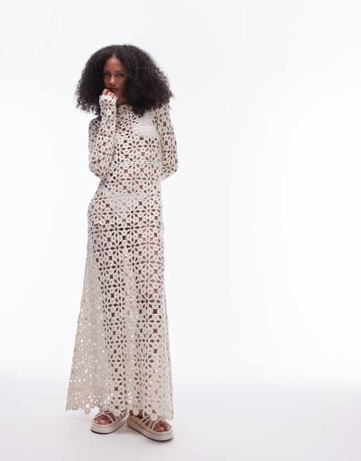 Topshop knit crochet long sleeve maxi dress in cream, 3 of 4