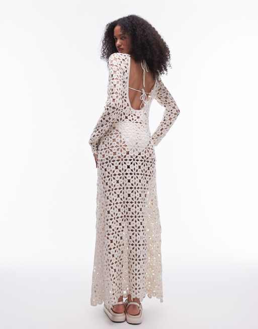 Topshop knit crochet long sleeve maxi dress in cream, 4 of 4