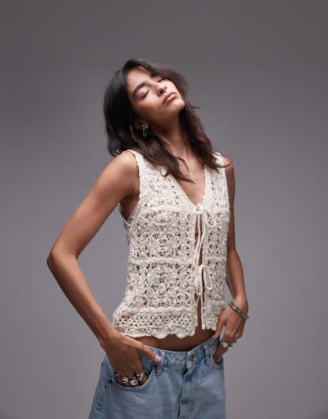 Topshop knit crochet look tie front vest in ecru - part of a set - view 1