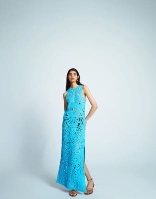 knit crochet maxi dress in blue