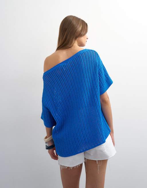 Topshop knit crochet off the shoulder drape top in blue, 3 of 4