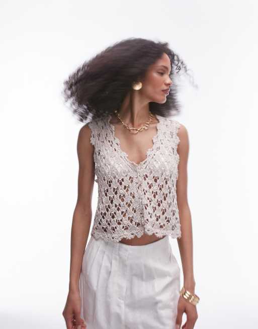 Topshop knit crochet shell suit vest in stone