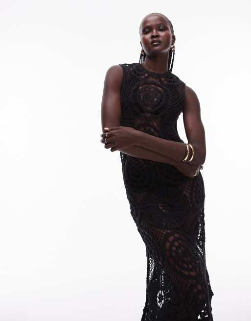 Topshop knit crochet sleeveless midi dress in black, 2 of 4