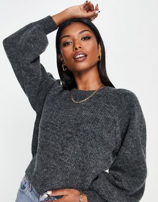 Topshop Knit Crop Sweater In Charcoal-black | ModeSens