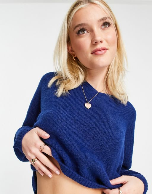 Topshop knit crop v neck sweater in blue | ASOS