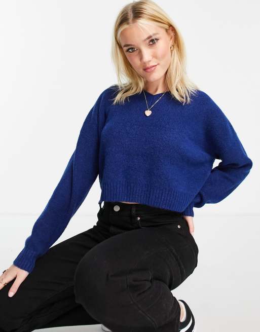 Topshop knit crop v neck sweater in blue | ASOS