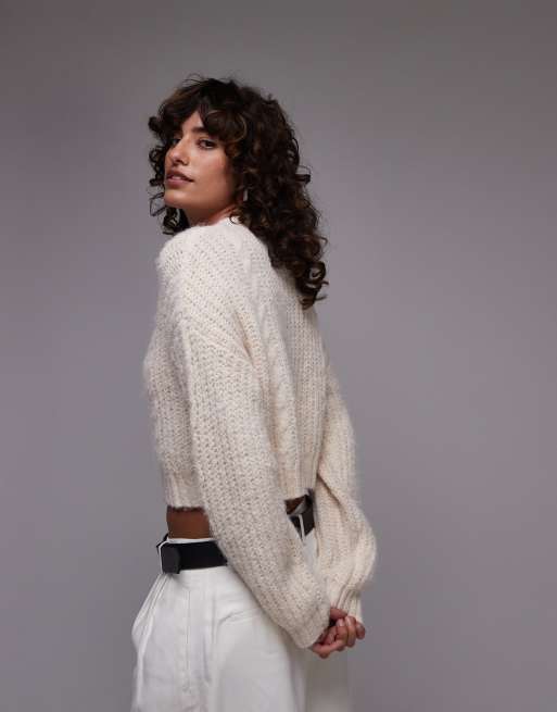 Topshop knit cropped fluffy cable cardigan in cream | ASOS