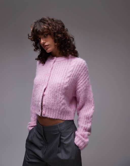 Topshop knit cropped fluffy cable cardigan in pink ASOS