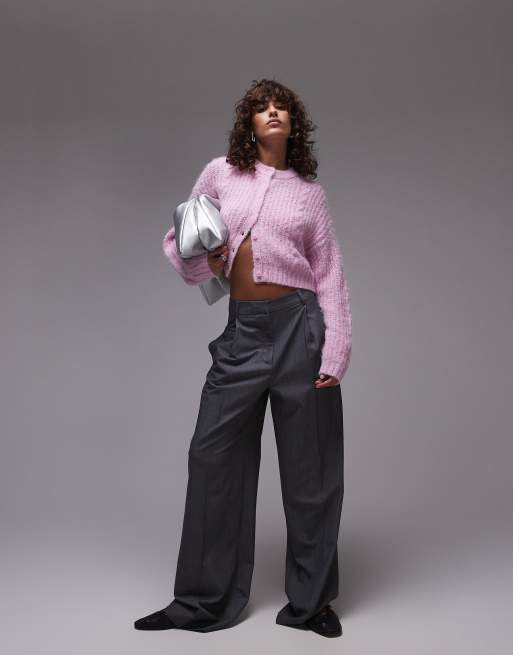 Topshop knit cropped fluffy cable cardigan in pink