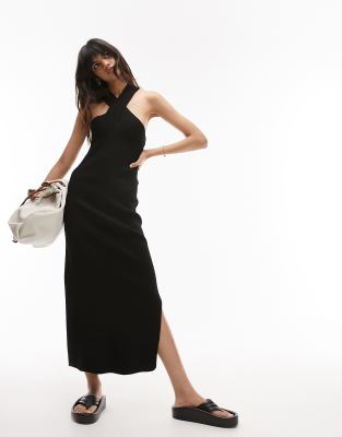 knit cross front midi dress in black