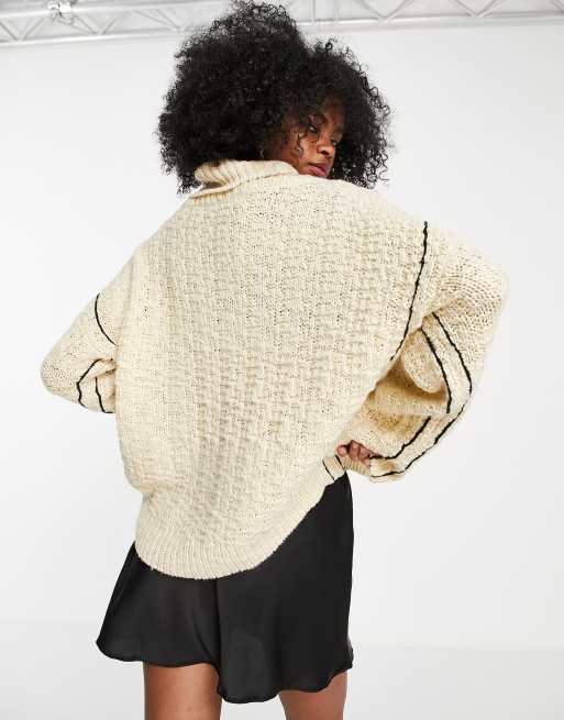 Topshop knit crosshatch stitch roll neck sweater in cream, 2 of 4