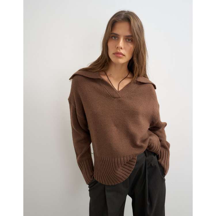 Topshop knit curved hem collared polo sweater with wool in pecan