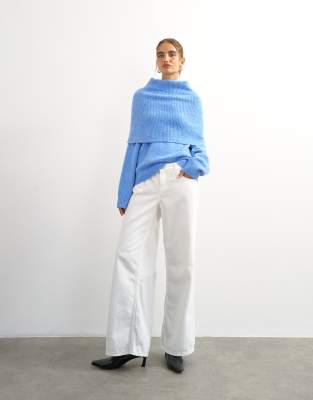 Topshop Knit Deep Fold Bardot Sweater In White