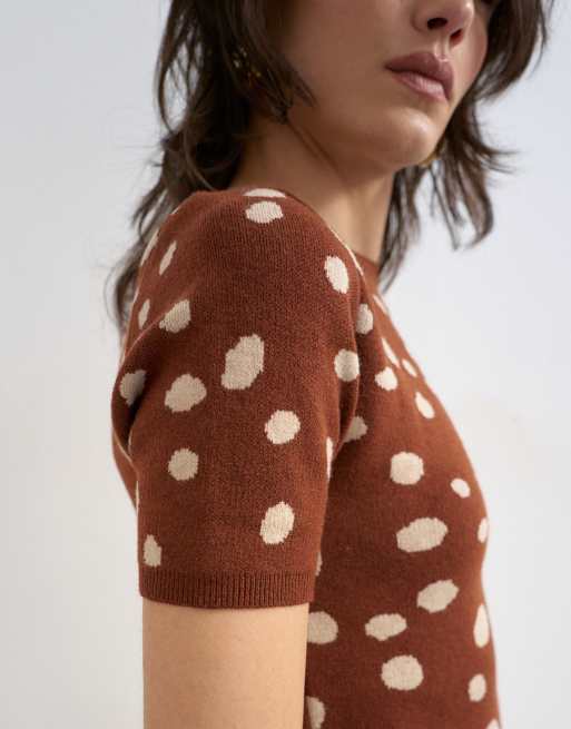 Topshop knit deer print fitted short sleeve T-shirt in brown, 3 of 4