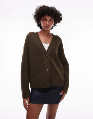 Topshop Knit Easy Clean Ribbed Detail Relaxed Cardigan In Khaki-green