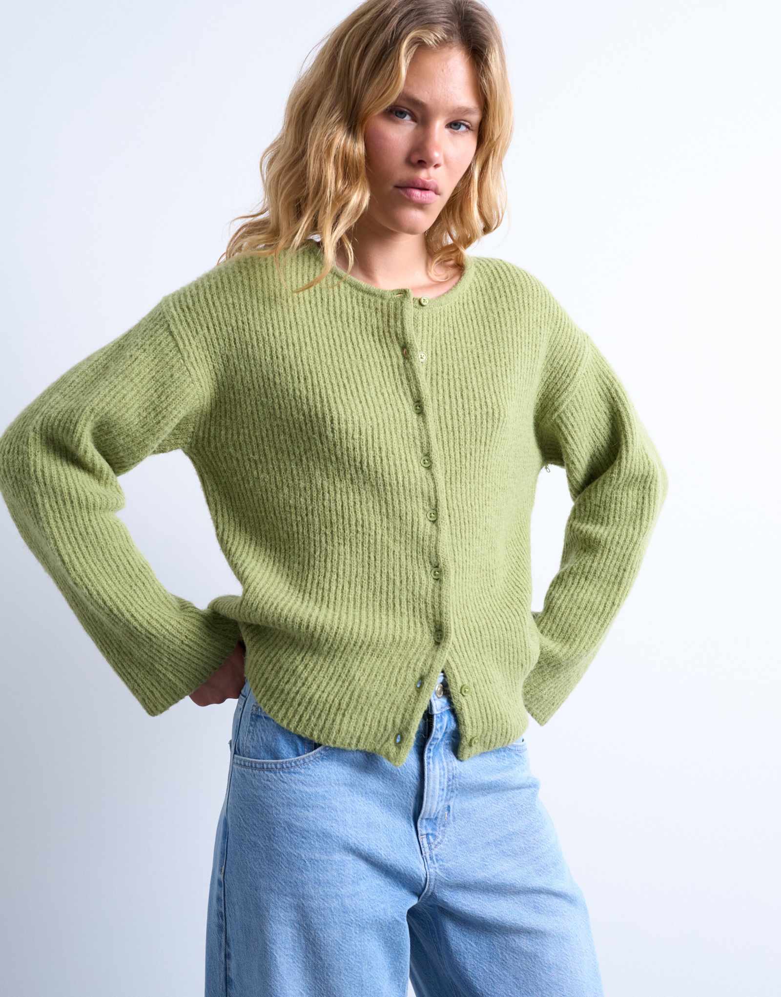 Вязаный Topshop легкий кардиган в рубчик свободного кроя зеленого цвета