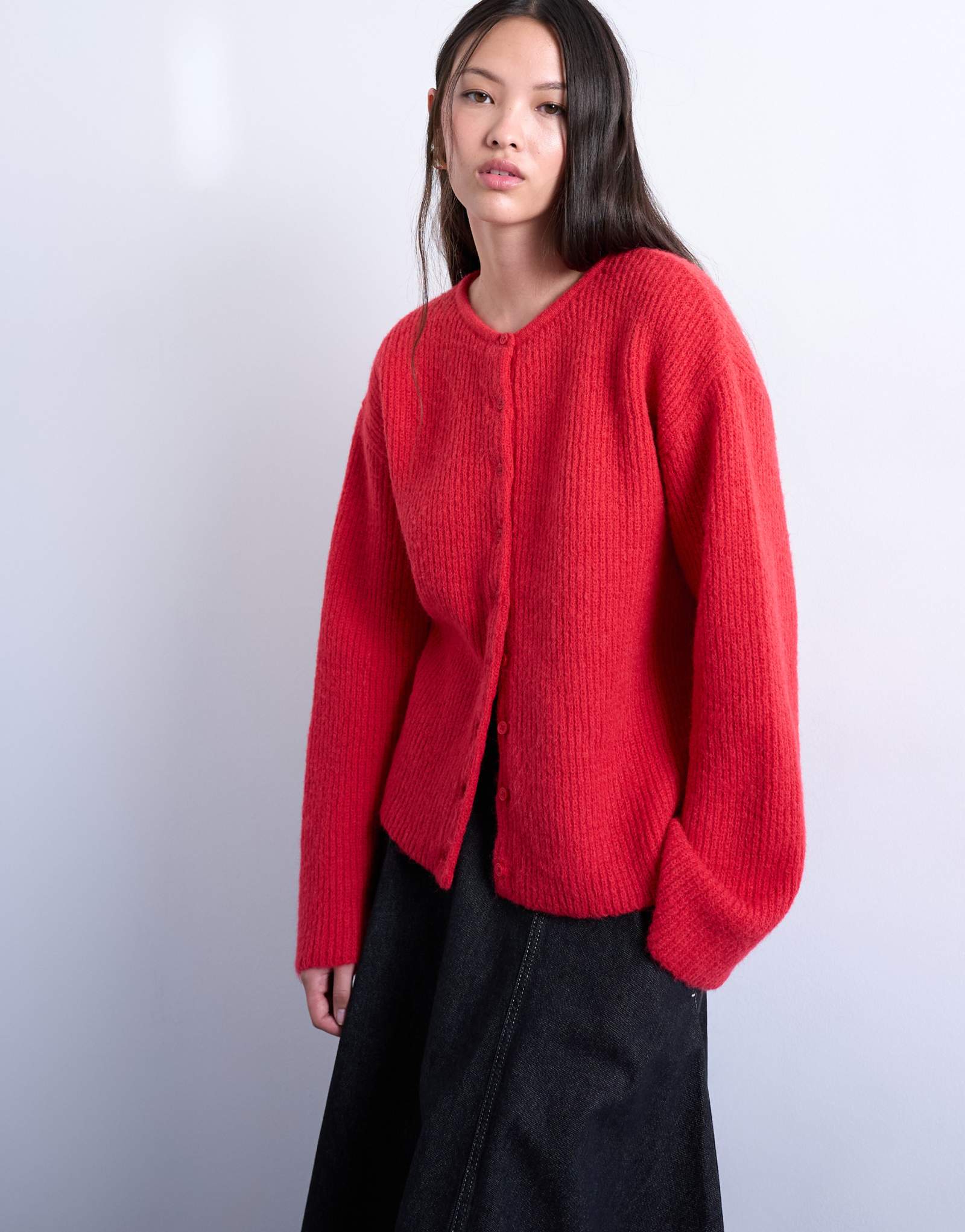 Вязаный Topshop легкий кардиган в рубчик красного цвета