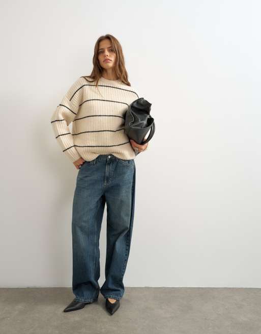 Topshop knit easy stripe sweater in ivory, 3 of 4