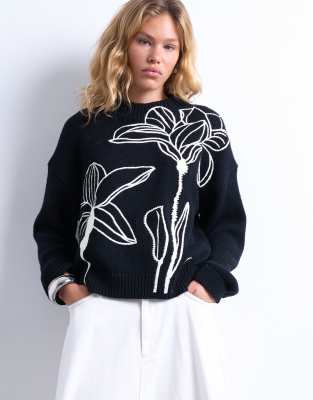 Topshop Knit Embroidered Floral Sweater In Blue