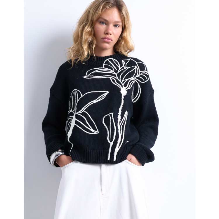 Topshop knit embroidered floral sweater in black and white | ASOS
