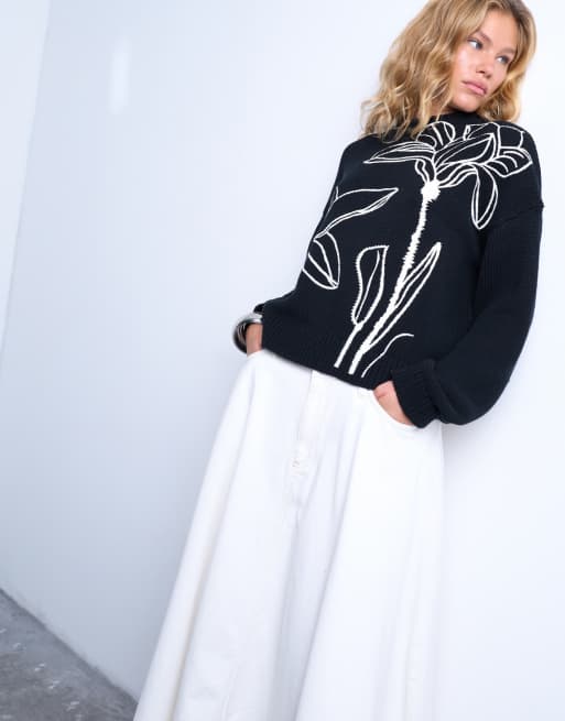 Topshop knit embroidered floral sweater in black and white, 2 of 4