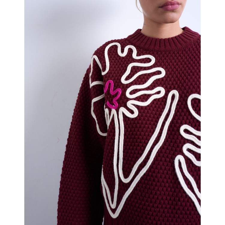 トップス EMBROIDERY RIB KNIT SWEATER Topshop knit embroidered floral sweater in burgundy | ASOS