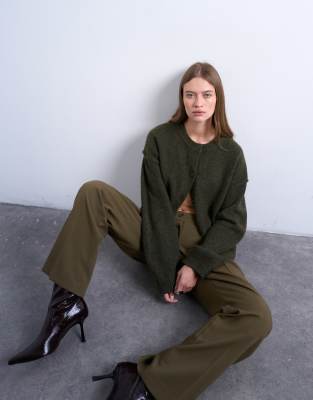 Topshop Knit Exposed Seams Relaxed Cardigan In Green