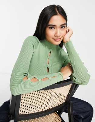 Topshop Knitted Cut Out Detail Top In Sage-green | ModeSens