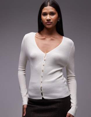 Topshop Knit Fine Rib Cardigan In White
