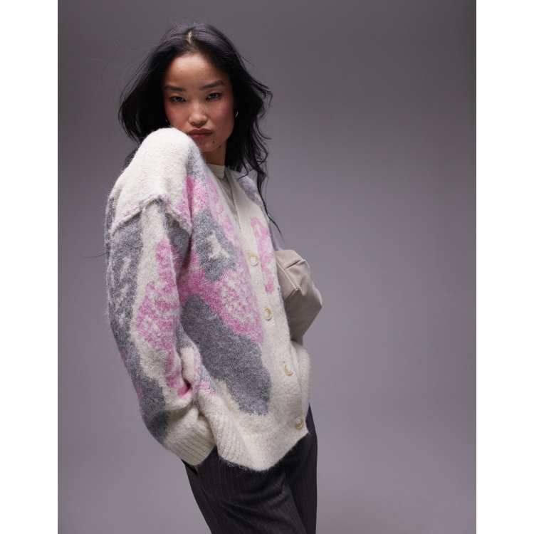 Topshop knit flower print oversized cardi in neutral | ASOS
