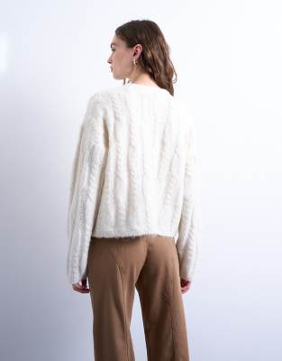 Topshop Knit Fluffy Cable Cardigan In White