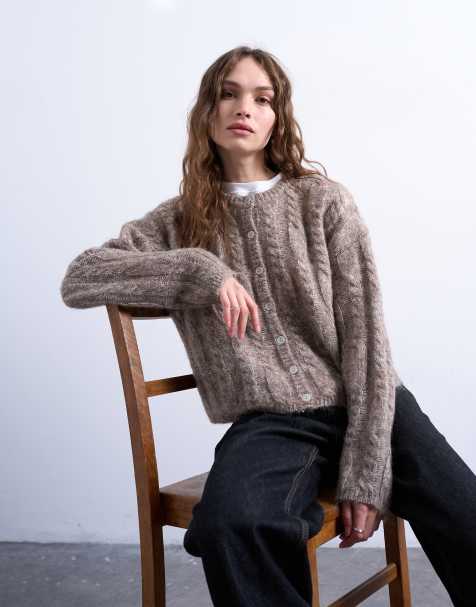 Topshop knit fluffy cable cardigan in oat - view 1