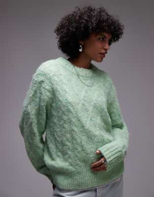 knit fluffy cable crew relaxed sweater in light green