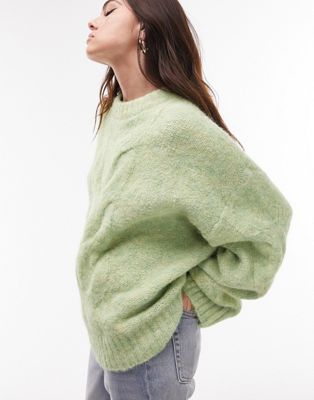 Shop Topshop Knit Fluffy Cable Front Two Tone Sweater In Mint-green
