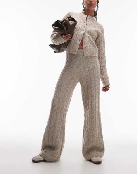 Topshop knit fluffy cable pants in oat - view 1