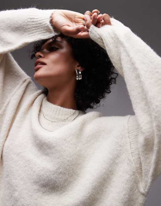 Topshop knit fluffy crew neck longline sweater in ivory | ASOS