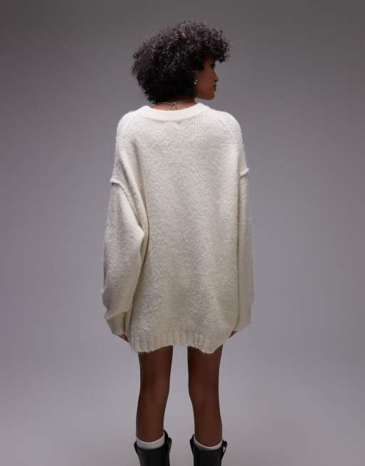 Topshop knit fluffy crew neck longline sweater in ivory | ASOS