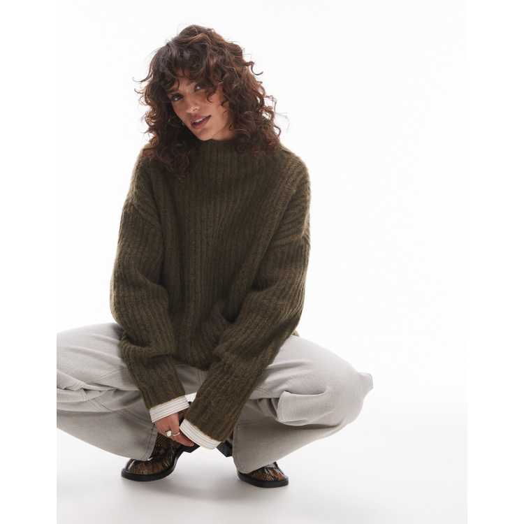 Topshop knit fluffy high neck oversized sweater in khaki | ASOS
