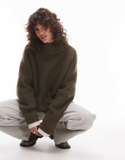 Topshop knit fluffy high neck oversized sweater in khaki ASOS