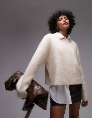 knit fluffy relaxed ultimate sweater in ivory-White