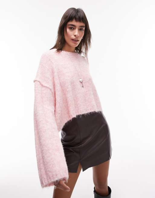 Topshop fluffy ribbed cropped sweater in pink